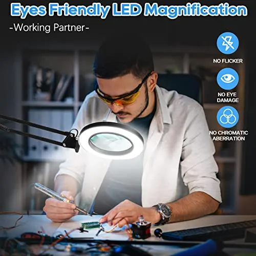 10X Magnifying Glass Lamp, Adjustable Swing Arm 72 LEDs Real Glass Lens Magnifier Light,3 Color Modes 10 Stepless Dimmable,Perfect for Daily