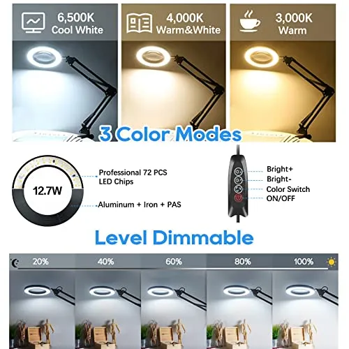 10X Magnifying Glass Lamp, Adjustable Swing Arm 72 LEDs Real Glass Lens Magnifier Light,3 Color Modes 10 Stepless Dimmable,Perfect for Daily