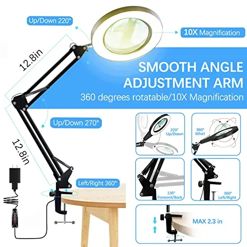 10X Magnifying Glass Lamp, Adjustable Swing Arm 72 LEDs Real Glass Lens Magnifier Light,3 Color Modes 10 Stepless Dimmable,Perfect for Daily