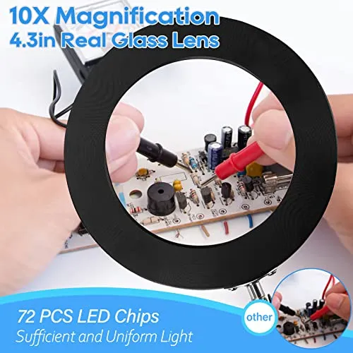10X Magnifying Glass Lamp, Adjustable Swing Arm 72 LEDs Real Glass Lens Magnifier Light,3 Color Modes 10 Stepless Dimmable,Perfect for Daily