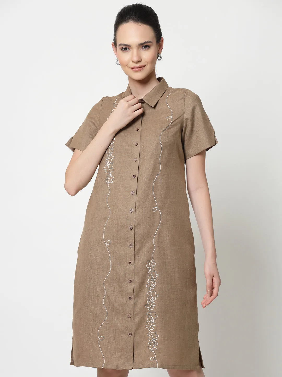 Dark Beige Long Tunic With Puzzle Embroidery