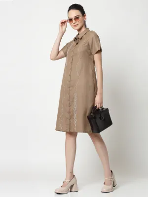 Dark Beige Long Tunic With Puzzle Embroidery