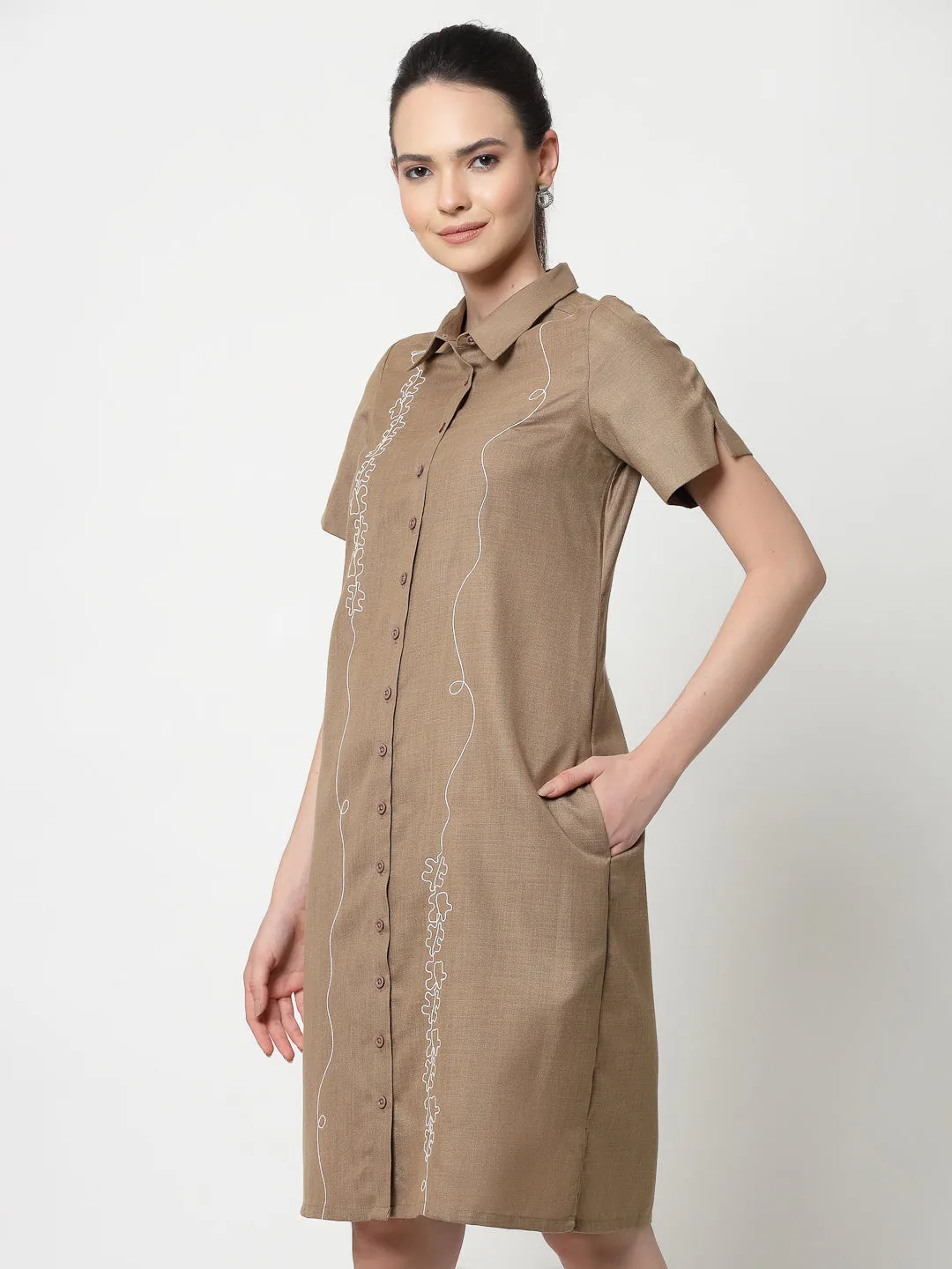 Dark Beige Long Tunic With Puzzle Embroidery