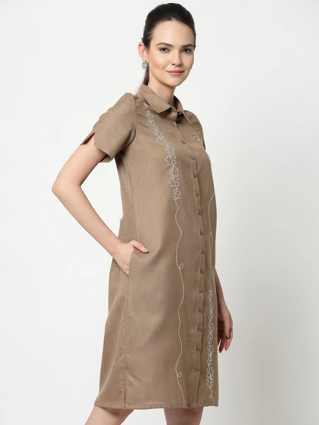 Dark Beige Long Tunic With Puzzle Embroidery